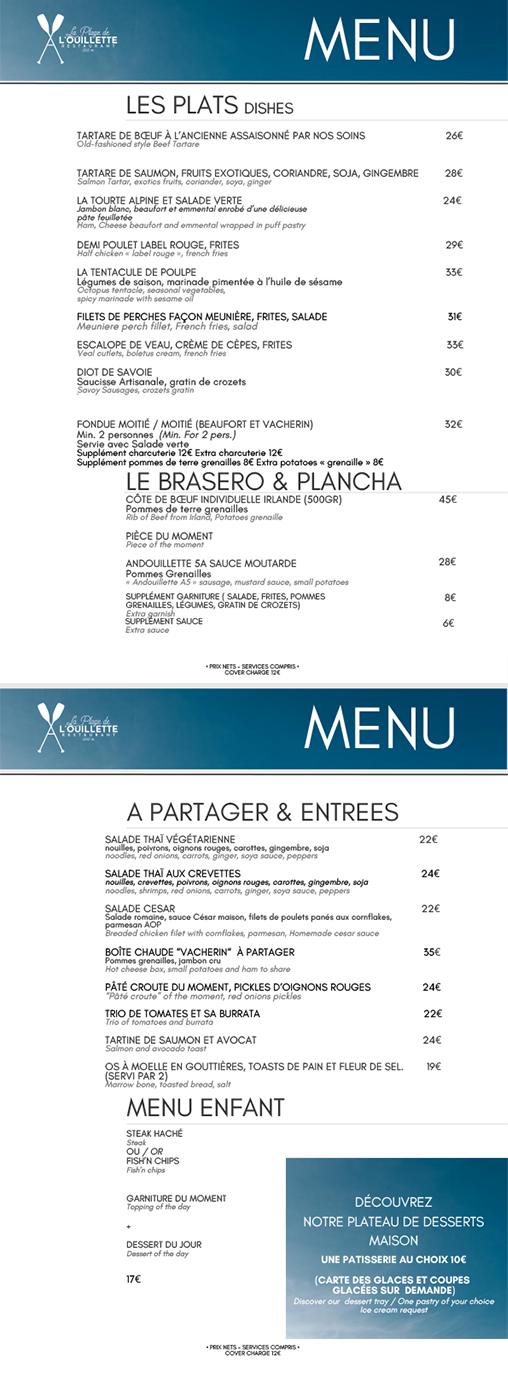 carte et menu de l'été 2024 restaurant Ouillette Val d'Isère