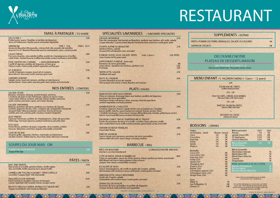 Menu et acrte restaurant lac de l ouillette