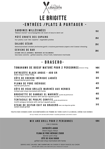 carte du restaurant Le Brigitte Ouillette Val d'Isère