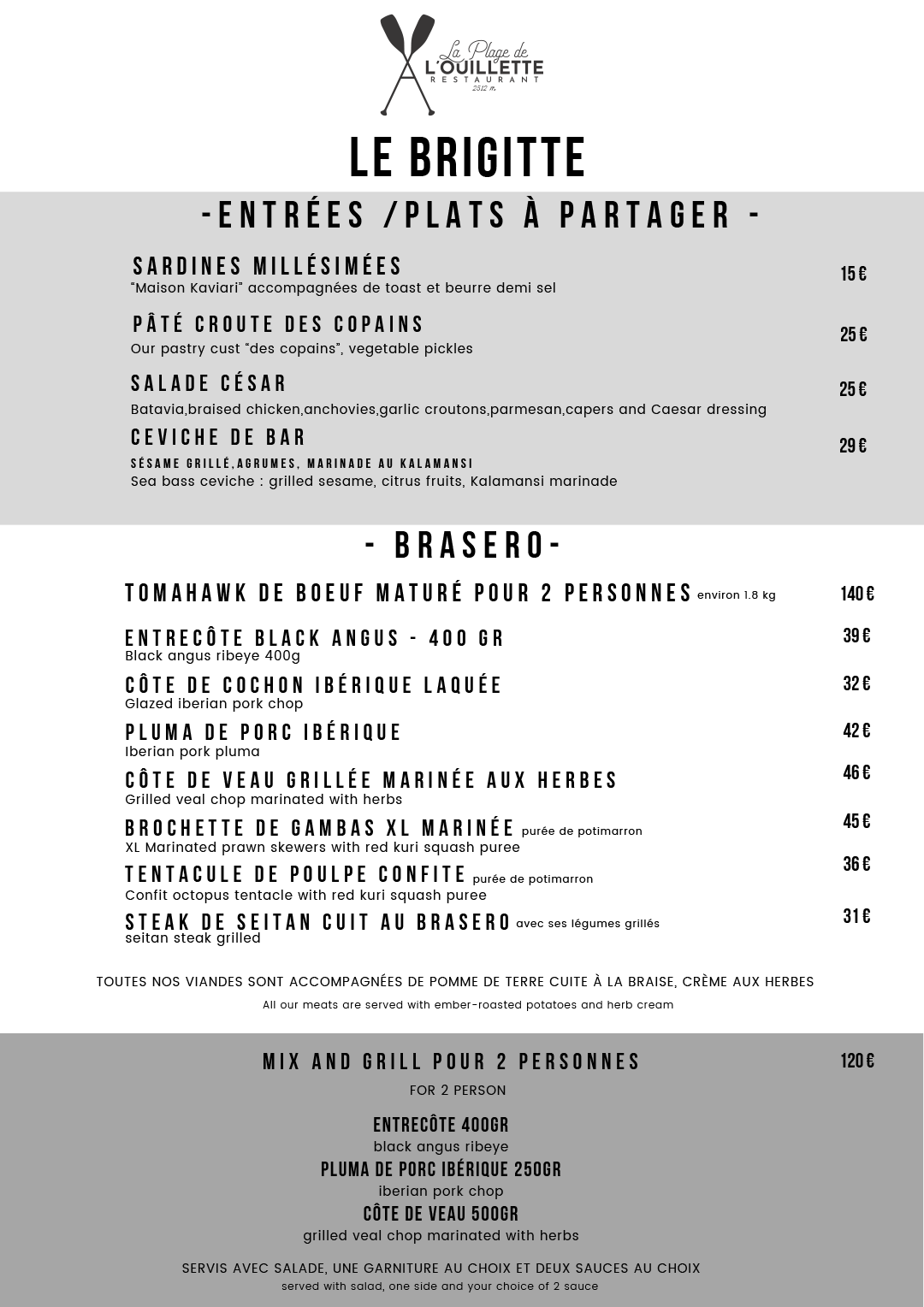 carte du restaurant Le Brigitte Ouillette Val d'Isère 